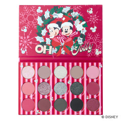 A Very Mickey Christmas Eyeshadow Palette open to 15 shades of pink, silver, taupe, berry and black