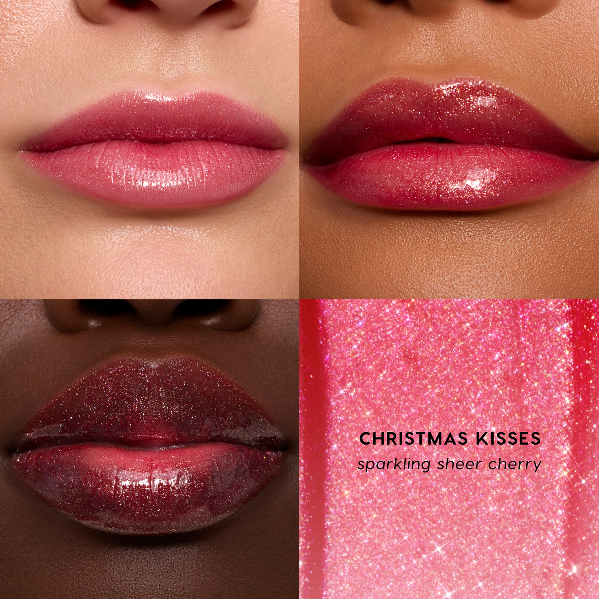 Christmas Kisses Ultra Glossy Lip, sparkling sheer cherry, swatched on three lip tones with a texture close-up