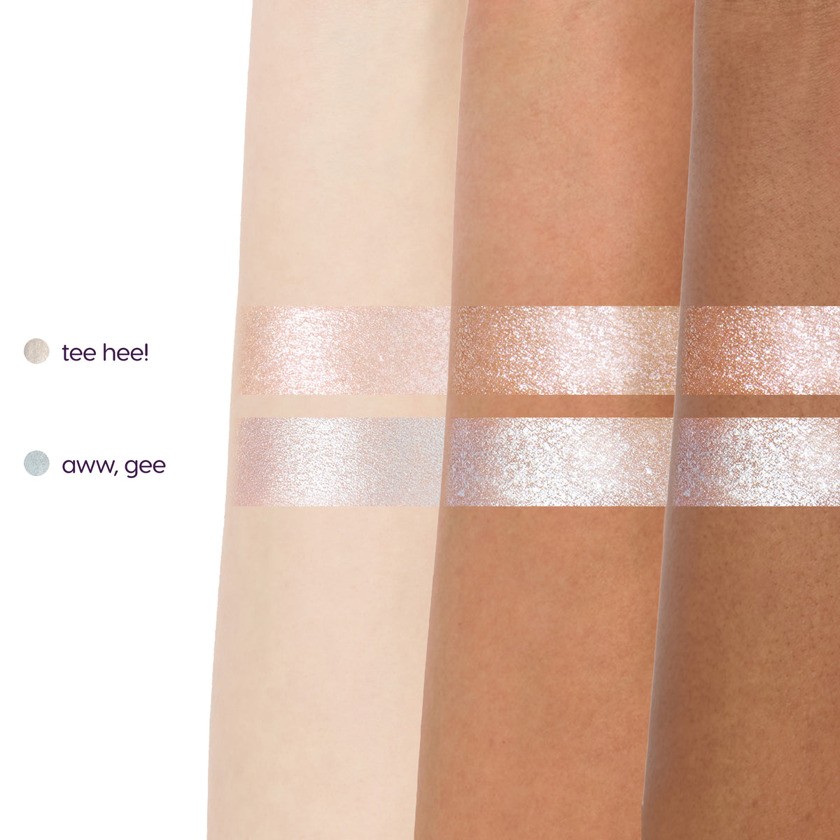 Tee Hee! and Aww, Gee Jelly Much Eye Shadow Stick arm swatches on three skin tones
