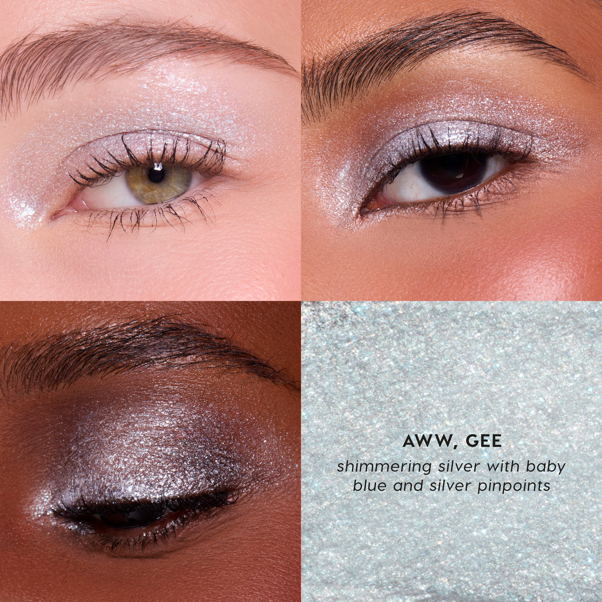 Aww, Gee Jelly Much Eye Shadow Stick, shimmering silver with baby blue and silver pinpoints, on three eyes with a texture swatch