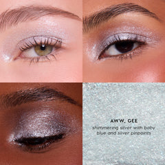 Aww, Gee Jelly Much Eye Shadow Stick, shimmering silver with baby blue and silver pinpoints, on three eyes with a texture swatch