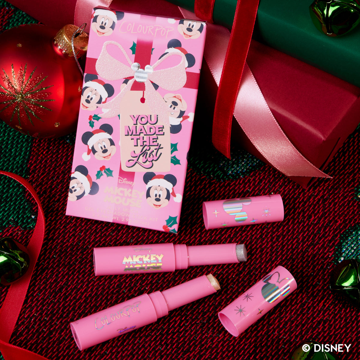 You Made the List box and Jelly Much Eye Shadow Sticks among wrapped gifts and holiday ornaments