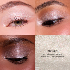Tee Hee! Jelly Much Eye Shadow Stick, ivory champagne with silver and pink pinpoints, on three eyes with a texture swatch