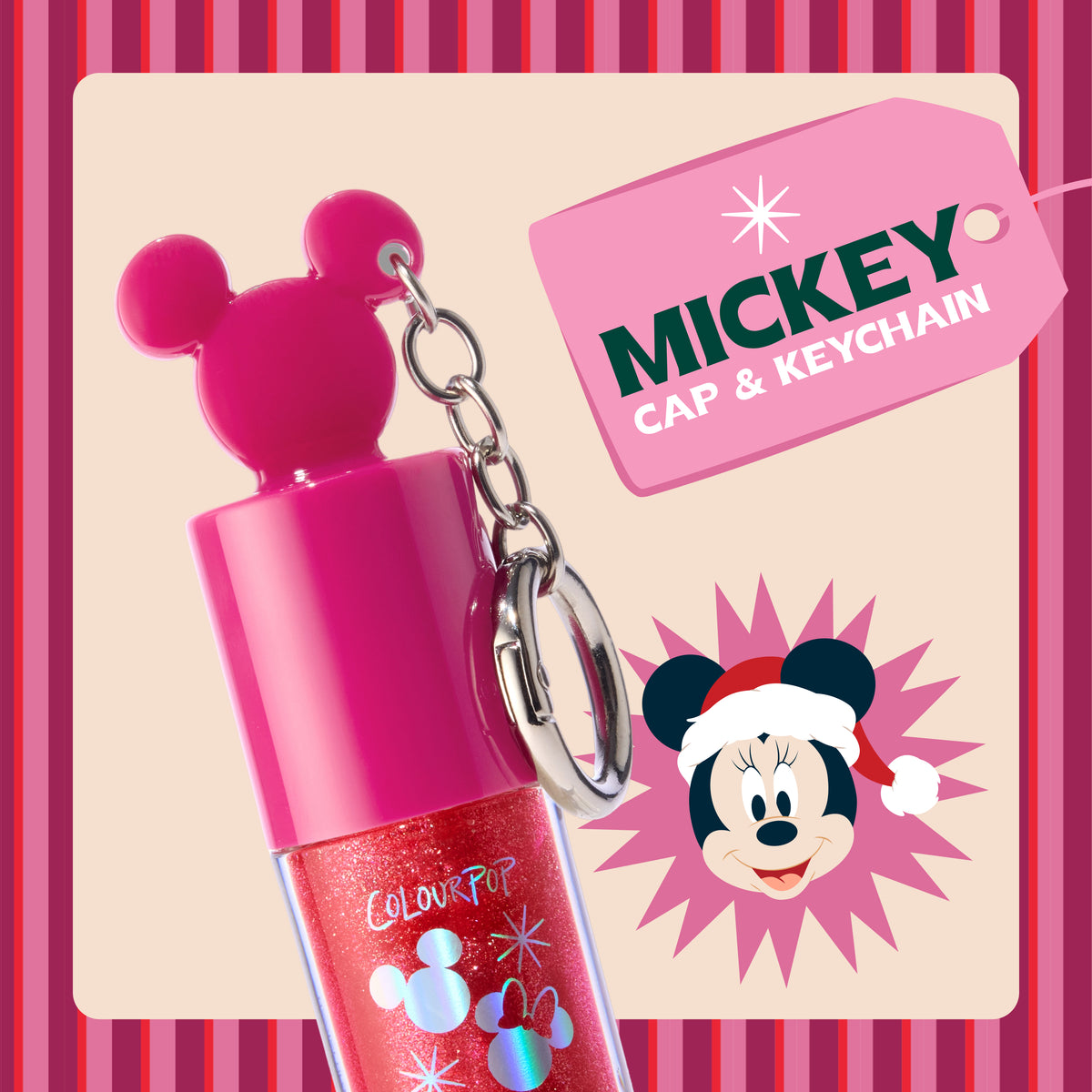 Ultra Glossy Lip with a Mickey Mouse cap and keychain, holiday tag reading Mickey cap and keychain
