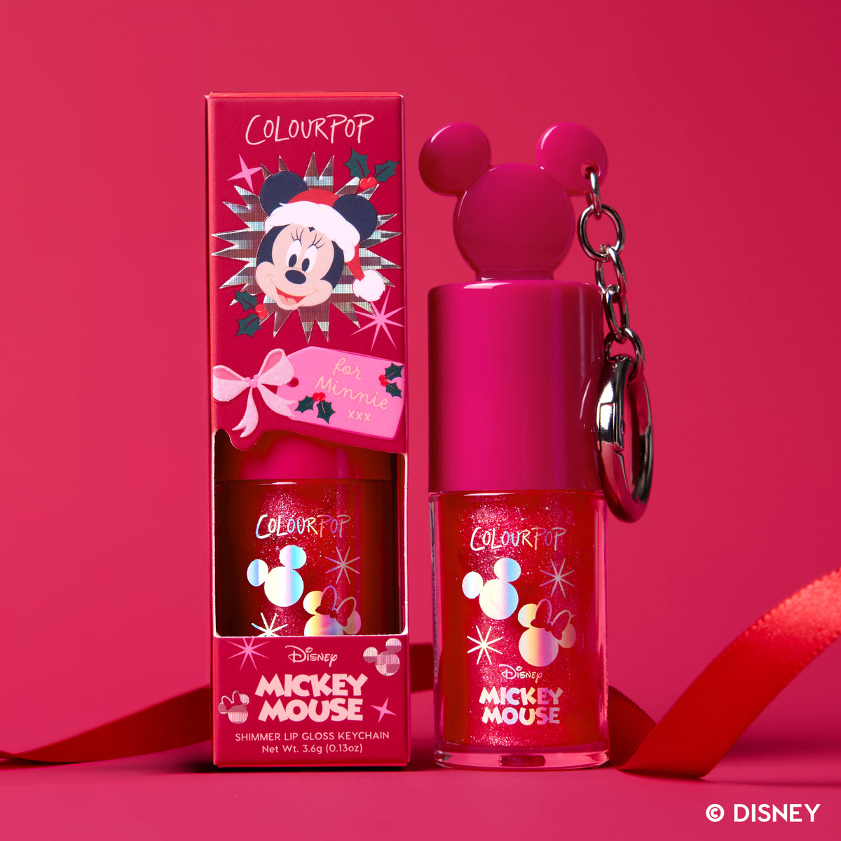 Christmas Kisses Ultra Glossy Lip, a cherry gloss with a Mickey Mouse cap and keychain, beside its Minnie Mouse box