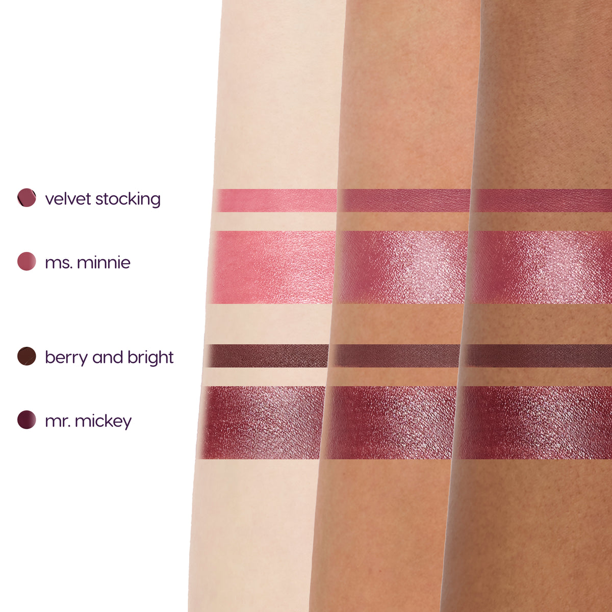 Velvet Stocking, Ms. Minnie, Berry and Bright and Mr. Mickey arm swatches on three skin tones