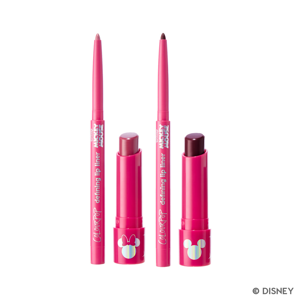 Holiday Sweethearts lip kits on white: two Satin Lipsticks with Mickey Mouse caps and two lip liners