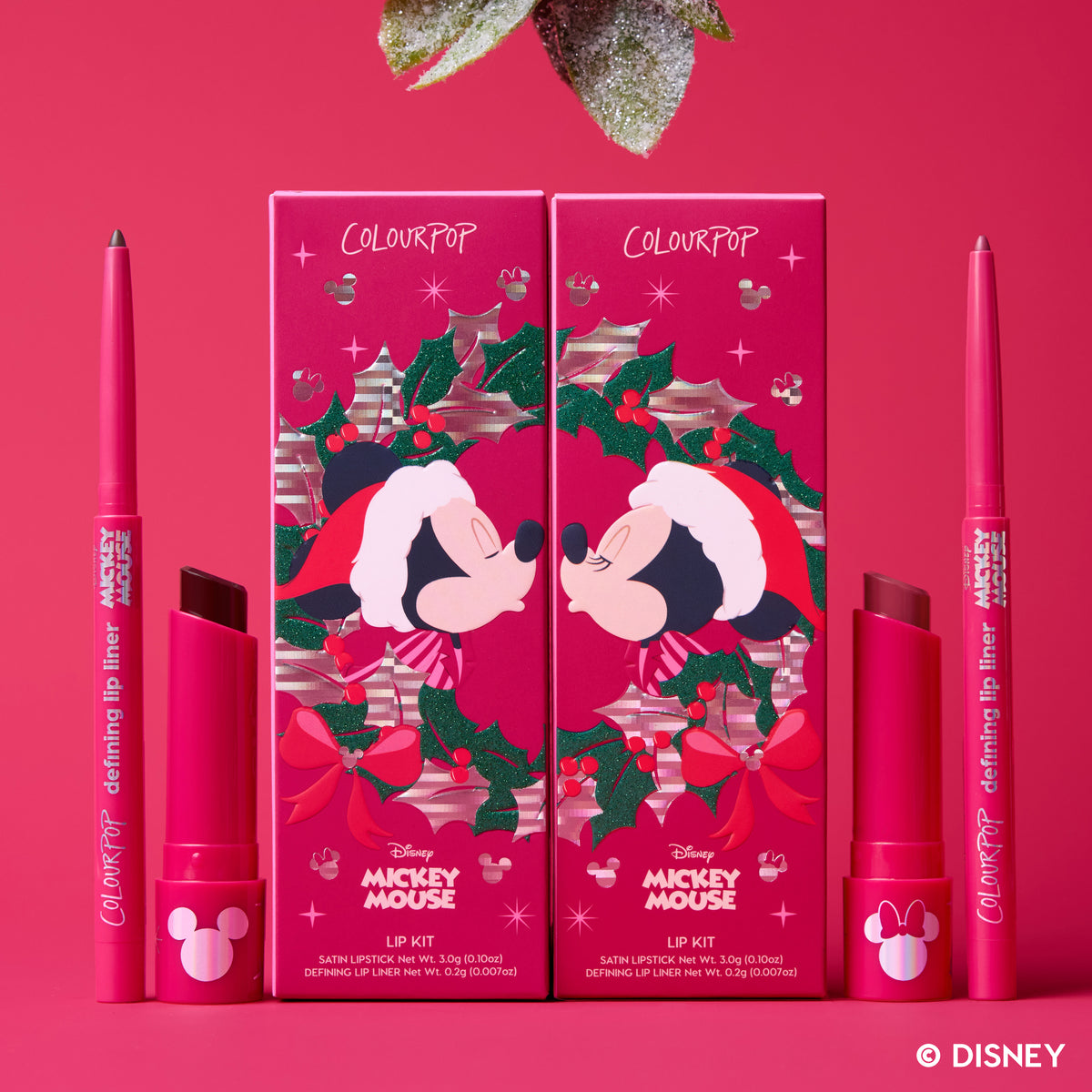 Holiday Sweethearts: two Mickey and Minnie Mouse A Very Mickey Christmas lip kits with their wreath boxes