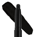 Midnight Hour ColourPop Shadow Stix delivering intense black pigment, shown uncapped with a rounded tip beside a thick swipe swatch on a white background, a creamy eyeshadow stick for bold smoky‑eye looks.