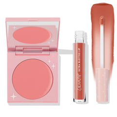 ColourPop Mood 24/7 Cheek & Lip Set shows a pink compact open to a peachy‑pink blush beside an Ultra Blotted Lip tube with doe‑foot wand and warm terracotta swatch on a white background with star accents, a versatile ColourPop Cheek & Lip Set for daily wear.