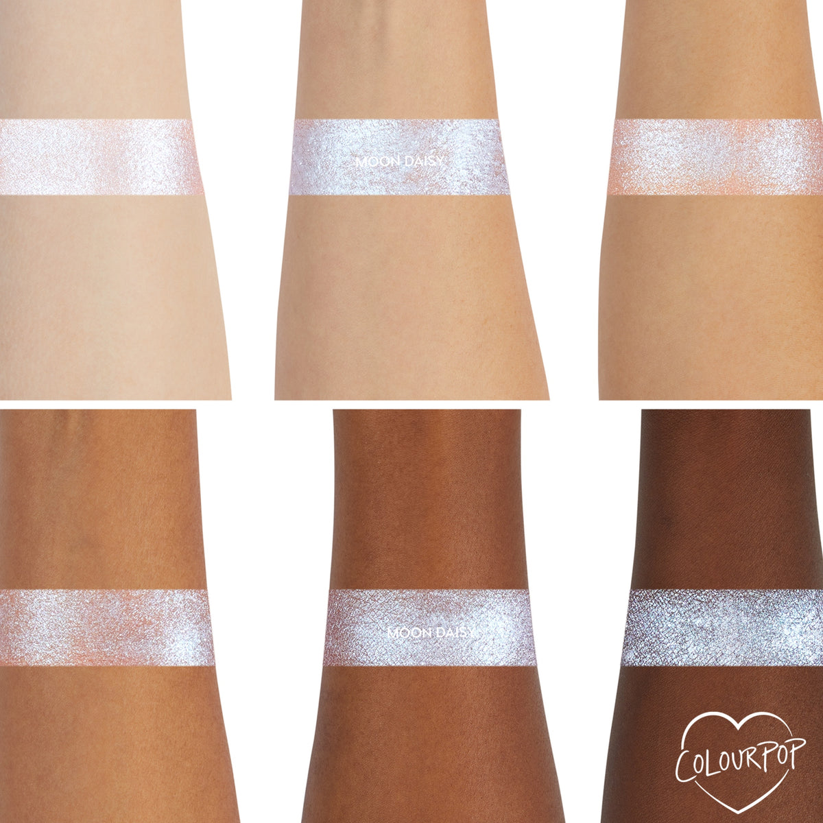 ColourPop Moon Daisy Super Shock Shadow swatches showing a high-shine icy lavender-blue shift across six arms from light to deep skin tones, demonstrating smooth metallic payoff and sparkle; ColourPop heart logo in the bottom right.