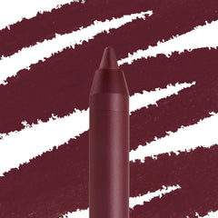 ColourPop Lippie Pencil On Ice draws deep burgundy wine strokes on a white backdrop, the sharpened tip in close-up highlighting precise lip lining and rich pigment.