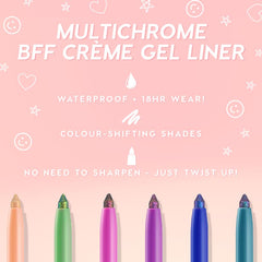 ColourPop Crème Gel Liner in Good Shift glides out as a twist-up, multichrome, color-shifting eyeliner with a shimmering tip, shown on a pink promo with waterproof and 18-hour wear claims alongside other vibrant liner shades.