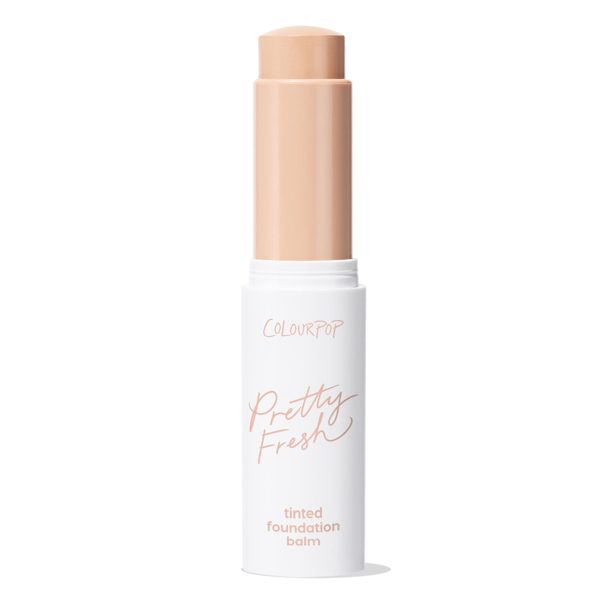 Fair 3 shade of ColourPop Pretty Fresh Tinted Foundation Balm standing open, twist-up stick extended to show a light neutral tone, in a white tube with peach Pretty Fresh lettering, centered on a clean white background.