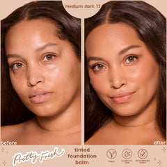 ColourPop Pretty Fresh Tinted Foundation Balm, shade Medium Dark 13, shown in a side-by-side model before-and-after, delivering natural, radiant coverage; vegan, hyaluronic acid infused, dermatologist tested.