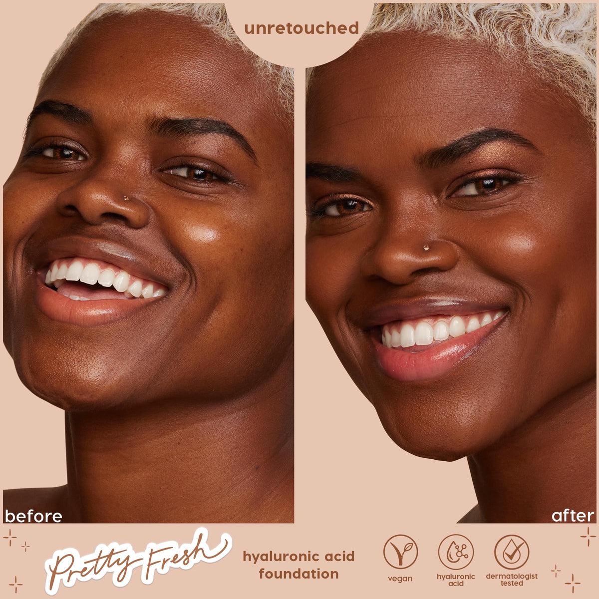 ColourPop Hyaluronic Hydrating Foundation in Deep Dark 200 N evening and brightening a smiling model’s complexion in an unretouched side-by-side before-and-after, showing smoother, dewy coverage; Pretty Fresh line, vegan, hyaluronic acid, dermatologist tested.