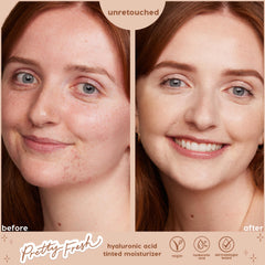 Side-by-side before-and-after close-up shows ColourPop Pretty Fresh Tinted Moisturizer, shade Fair 1 N with concealer, evening facial redness and freckles into a smoother, radiant finish; unretouched label and icons highlight hyaluronic acid, vegan, dermatologist tested.