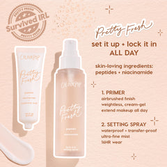 ColourPop Face Set Hydrating Prime + Set - Pretty Fresh set it up primer and lock it in setting spray - standing side by side on a peach backdrop with a cream swipe, highlighting peptides, niacinamide, and hyaluronic acid for all‑day makeup wear.