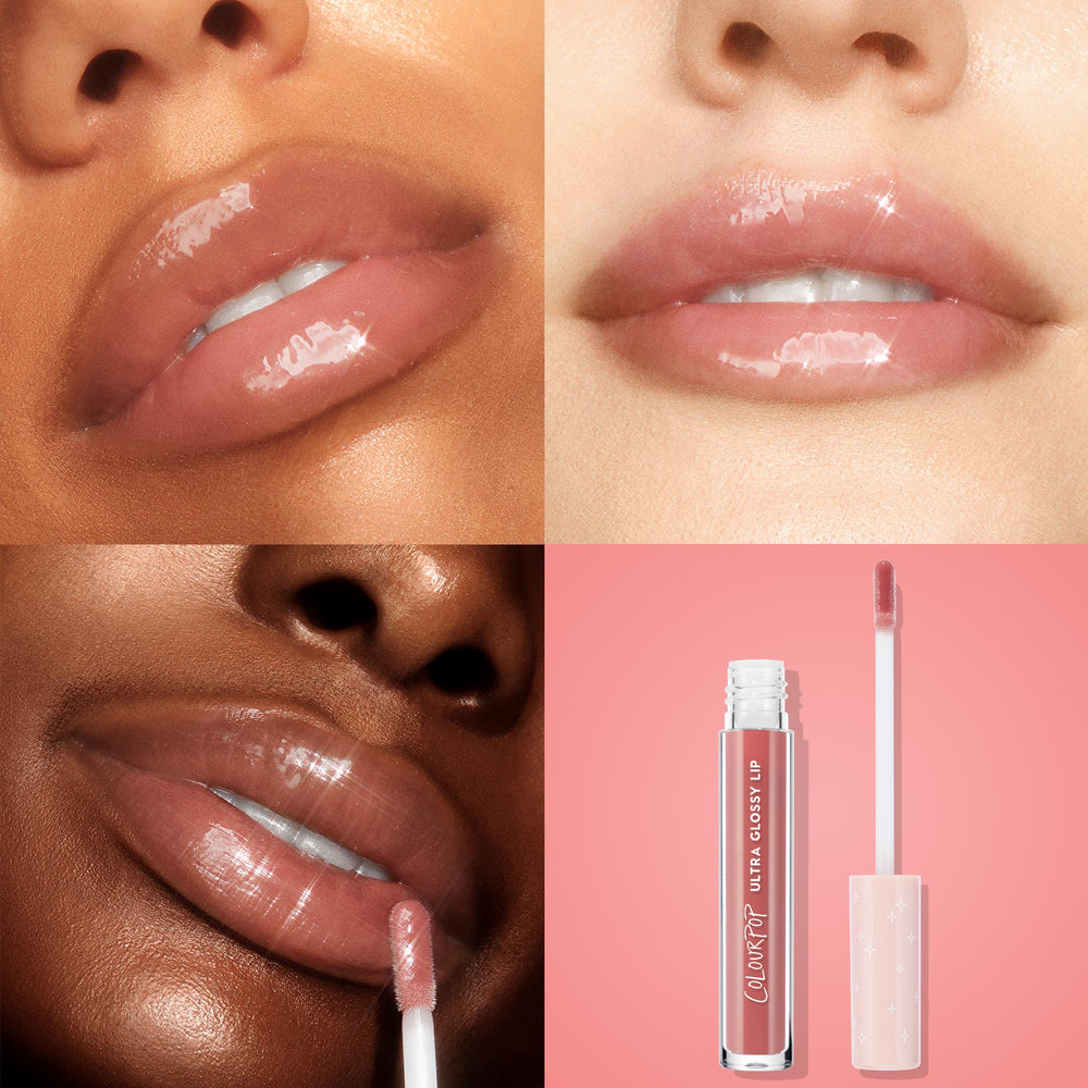 Pasadena ColourPop Ultra Glossy Lip coats lips in a sheer nude‑pink shine, shown in a grid across multiple skin tones with a doe‑foot applicator mid‑swipe and the gloss tube displayed on a soft pink background.