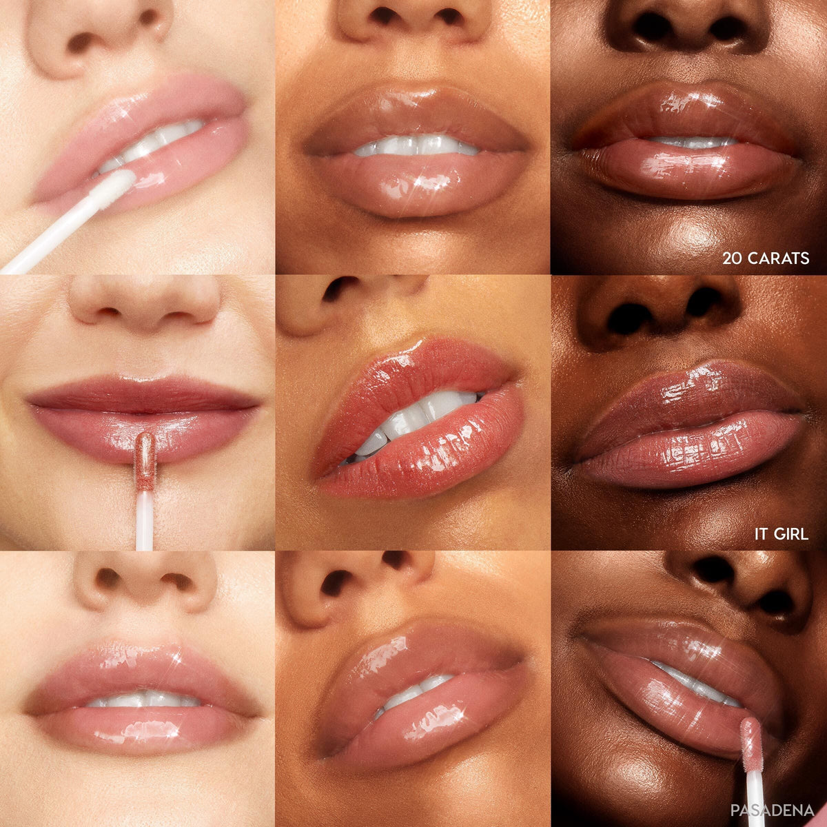 Perfect 4 U ColourPop Ultra Glossy Lip swatched in a 3x3 grid of close-up lips, some applying with a doe-foot applicator, showing high-shine pink‑nude finishes; shades 20 Carats, It Girl, and Pasadena across varied skin tones.