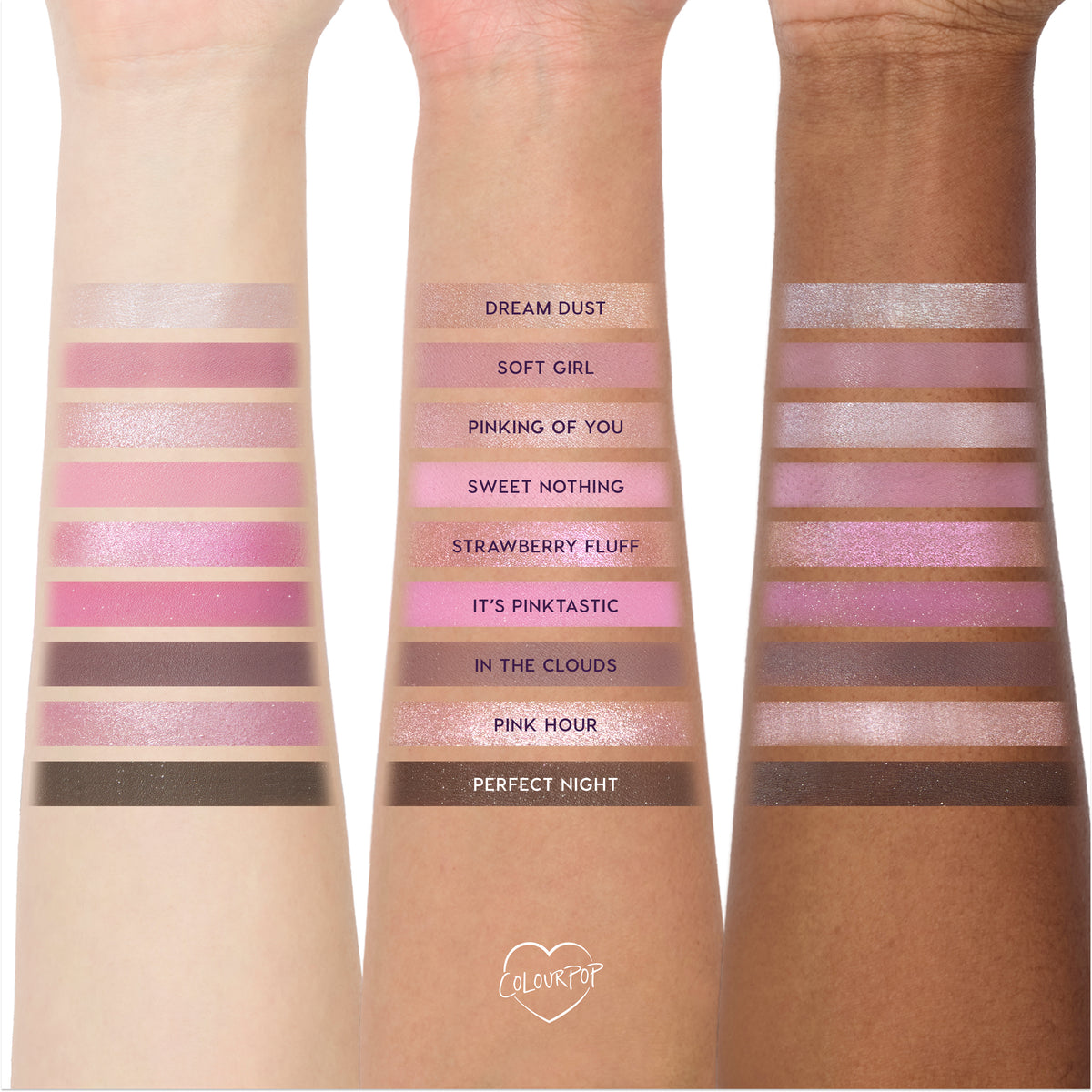 Pink Dreams arm swatches of all 9 shades, from Dream Dust to Perfect Night, on three skin tones