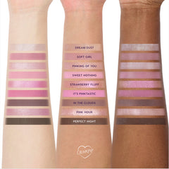 Pink Dreams arm swatches of all 9 shades, from Dream Dust to Perfect Night, on three skin tones