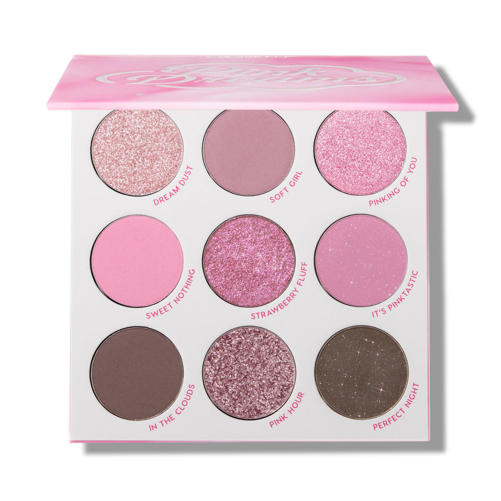 Pink Dreams 9-pan palette open on white: shimmery and matte pinks, mauve and two taupe-browns