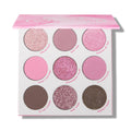 Pink Dreams 9-pan palette open on white: shimmery and matte pinks, mauve and two taupe-browns