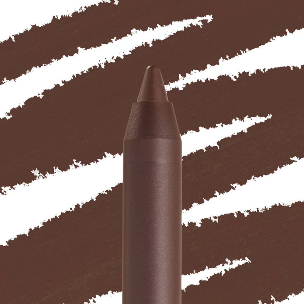 ColourPop Lippie Pencil Pitch showcasing a sharpened tip in a deep chocolate brown, with bold liner swatches behind it, highlighting creamy pigment for precise lip lining.