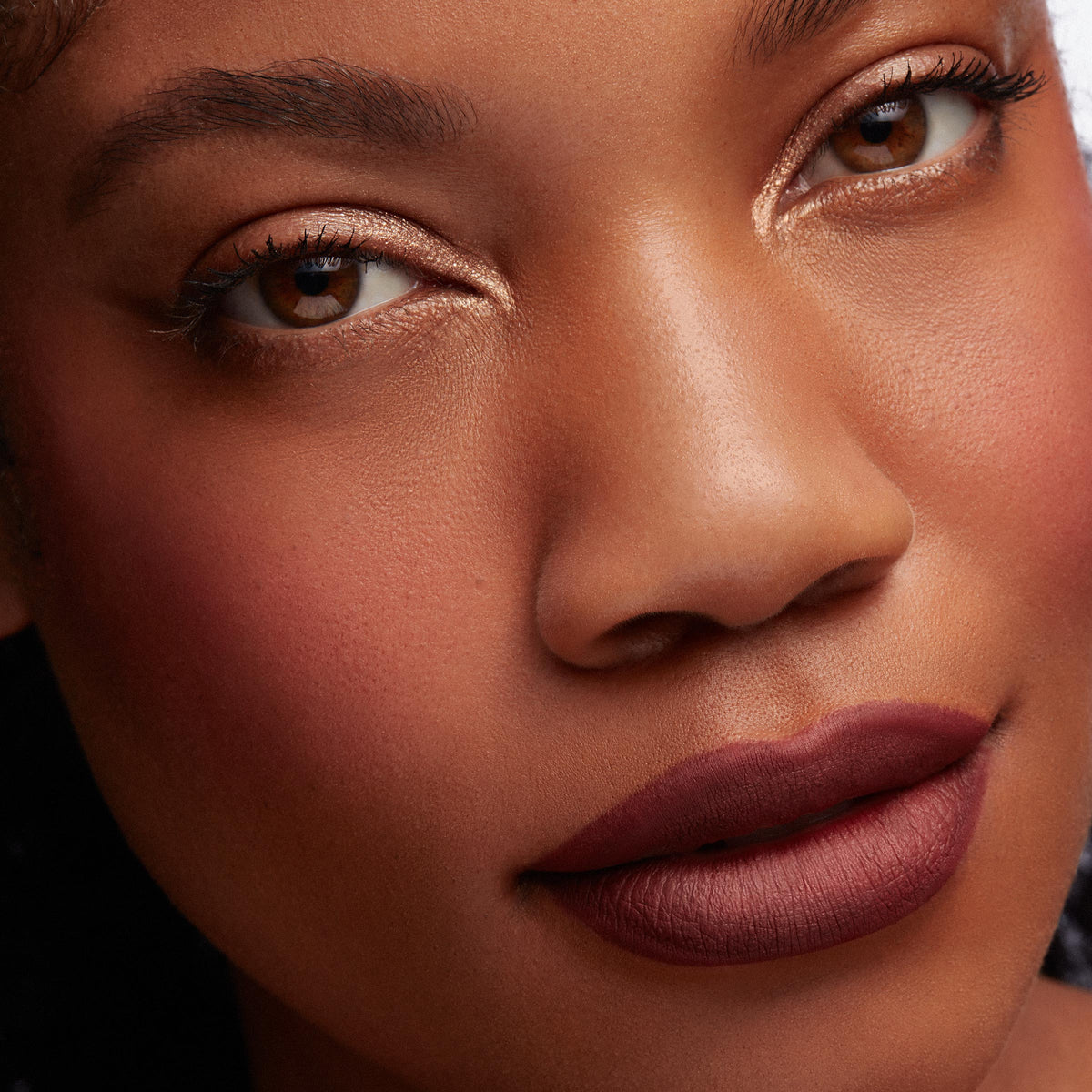 Berry-brown lips lined and filled with Hoopty ColourPop Lippie Pencil, a matte lip liner, showing crisp edges and smooth color; close-up beauty shot with warm blush and gold shimmer eyelids for an everyday glam look.