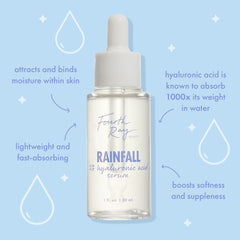 Dropper bottle of Fourth Ray Beauty Rainfall 2% HA Face Serum standing upright, 1 fl oz/30 mL, on a light blue backdrop with water-drop graphics and benefit callouts; a hydrating ColourPop Face Serum with hyaluronic acid.