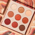 Rock On ColourPop Shadow Palette displaying nine warm, desert-inspired shades: Vortex, Chasing Sunsets, Road Trippin', Rock My World, Sedona, Fave Hike, Red Rocks, Summer Heat, Trail Mix, in matte and glitter finishes, set on peach marbled packaging.