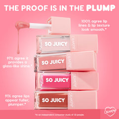 ColourPop So Juicy Plumping Glossy Lip Oil, Beverly Drive, shown as four clear, pink, and nude tubes stacked with a dripping doe-foot applicator on a pink claims graphic highlighting glass-like shine, smoother lines, and fuller lips.