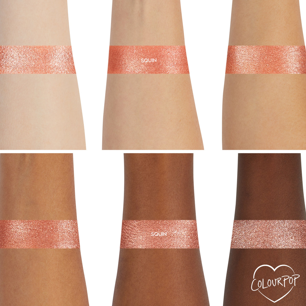 Sequin Super Shock Shadow swatch gleams across six forearms, showing smooth, opaque payoff on light to deep skin tones; a metallic rose‑gold copper shimmer band on each arm, with the ColourPop heart logo in the bottom right.