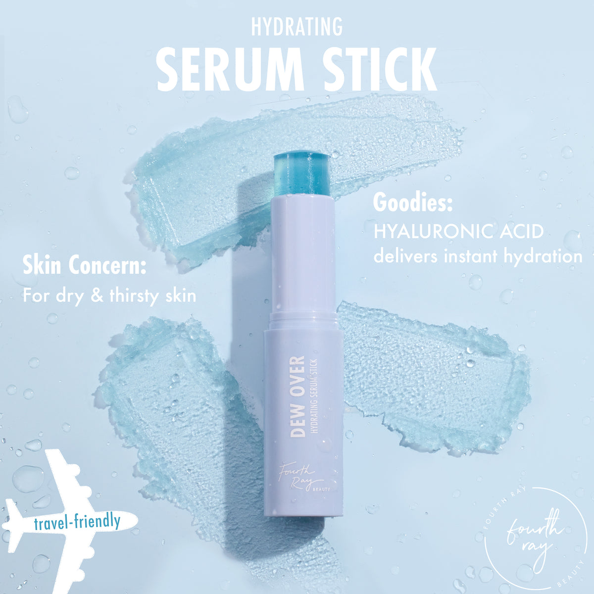 Dew Over hydrating serum stick stands open with teal balm exposed on a pale blue background with water droplets and gel swatches, highlighting hyaluronic acid hydration for dry, thirsty skin; a travel-friendly Fourth Ray Beauty ColourPop Serum Stick.