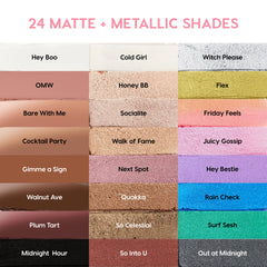 ColourPop Shadow Stix Cool Metallics swatches show 24 matte and metallic eyeshadow shades in a labeled grid - icy silver, champagne, rose gold, lilac, teal, cobalt, taupe, and black - highlighting creamy, high-shine payoff for the Shadow Stix bundle.
