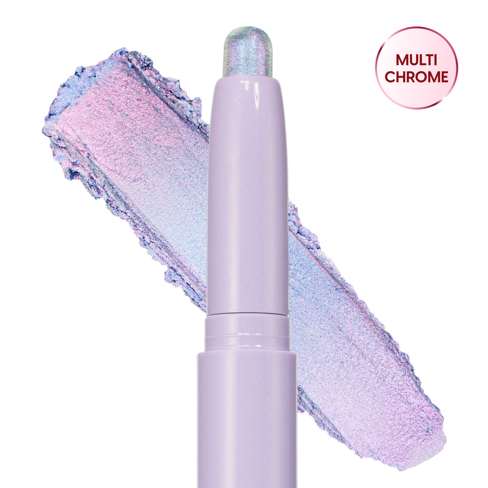 Colourpop Cotton Candy Shadow Stix shown in close-up with the shimmery pastel lavender and icy blue duochrome eyeshadow stick standing upright over a wide swatch of the same iridescent shade on a white background.