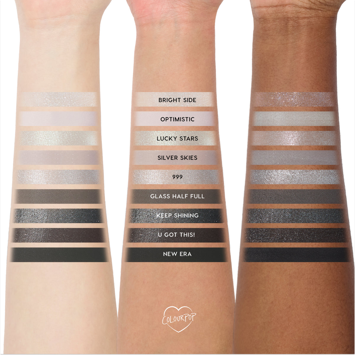 Silver Lining arm swatches of all 9 shades, from Bright Side to New Era, on three skin tones