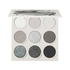 Silver Lining 9-pan palette open on white: white, lilac-grey, silver glitter, greys and black