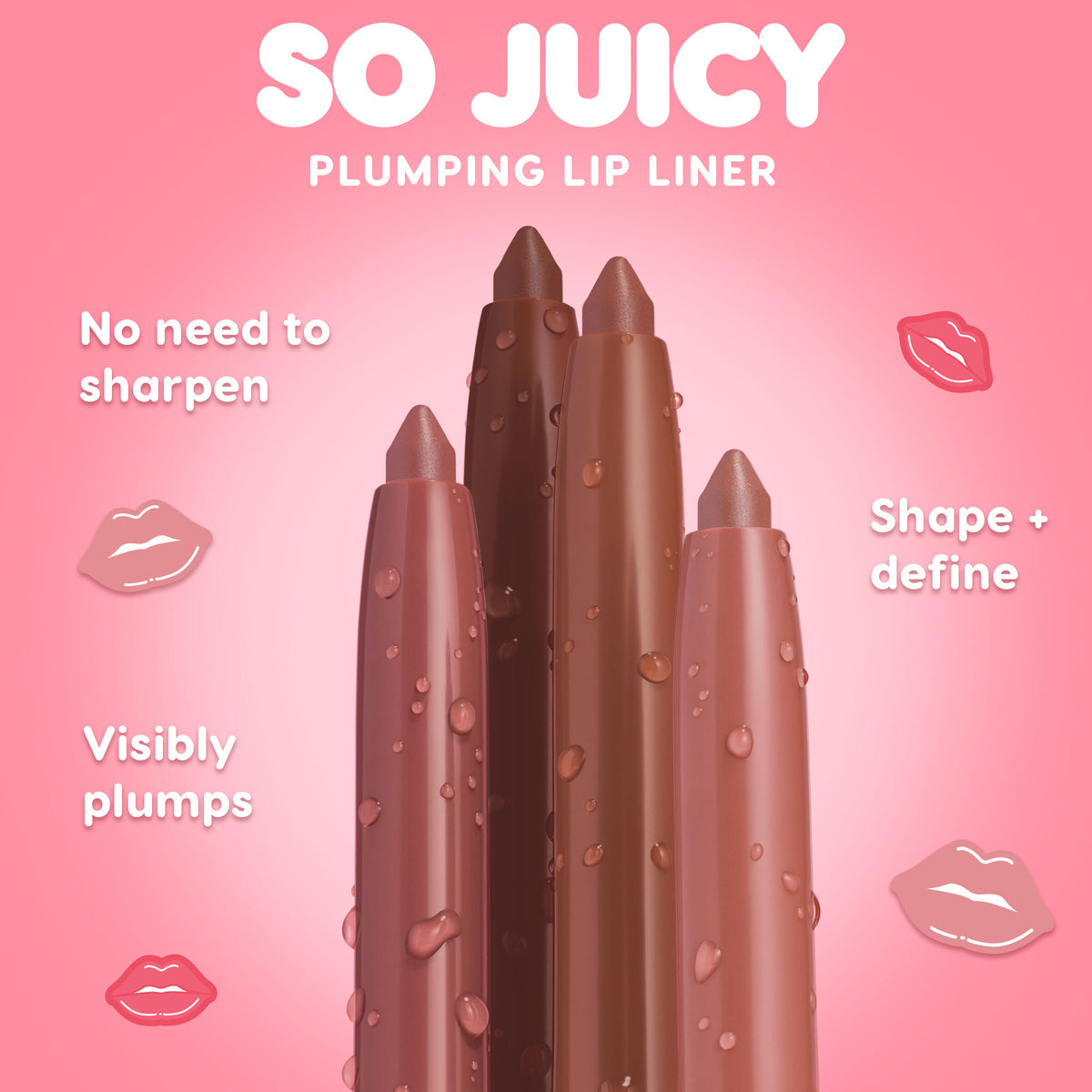 ColourPop So Juicy Plumping Lip Liner with Peptides in ETA shade, a twist‑up nude lip liner beaded with dewy drops, standing against a pink gradient backdrop that calls out no need to sharpen, visibly plumps, and shapes + defines.