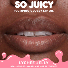 Close-up lips wear Colourpop So Juicy Plumping Glossy Lip Oil in It’s a Date, showing high-shine Lip Gloss & Lip Oil finish and fuller, hydrated look against a pink branded background with product claims for real, unretouched results.