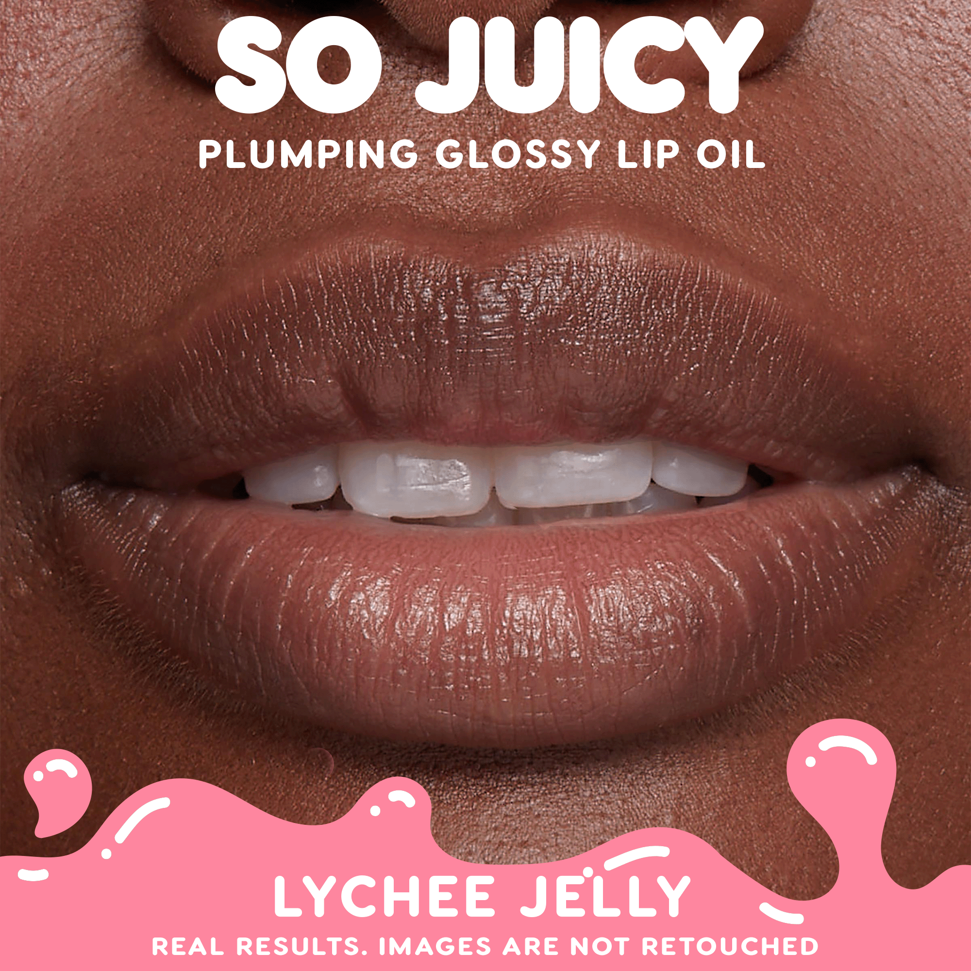 Glossy lips wear ColourPop So Juicy Plumping Glossy Lip Oil in Flirty Text, showcasing a high-shine, plumped finish; extreme close-up of the mouth highlights smooth texture and natural, non-retouched results.