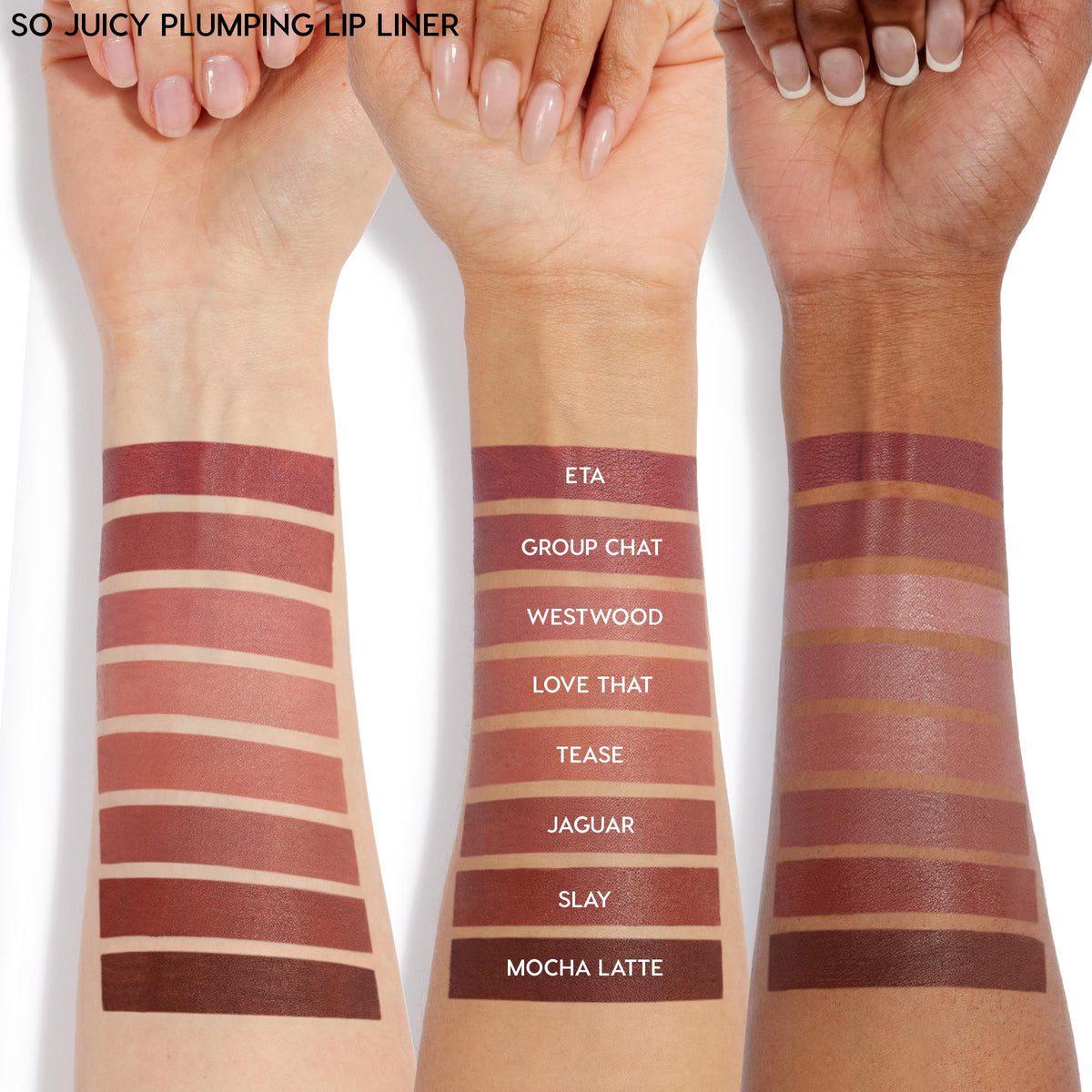 ColourPop Smooches So Juicy Plumping Lip Liner & Balm Set swatched on three arms (light, medium, deep skin), showing shades ETA, Group Chat, Westwood, Love That, Tease, Jaguar, Slay, Mocha Latte in creamy mauves to rich browns.