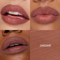 ColourPop So Juicy Plumping Lip Liner with Peptides in Jaguar lining and filling lips across three skin tones, revealing a creamy rosy-brown nude finish, shown in a four-square grid with a matching texture swatch labeled JAGUAR.