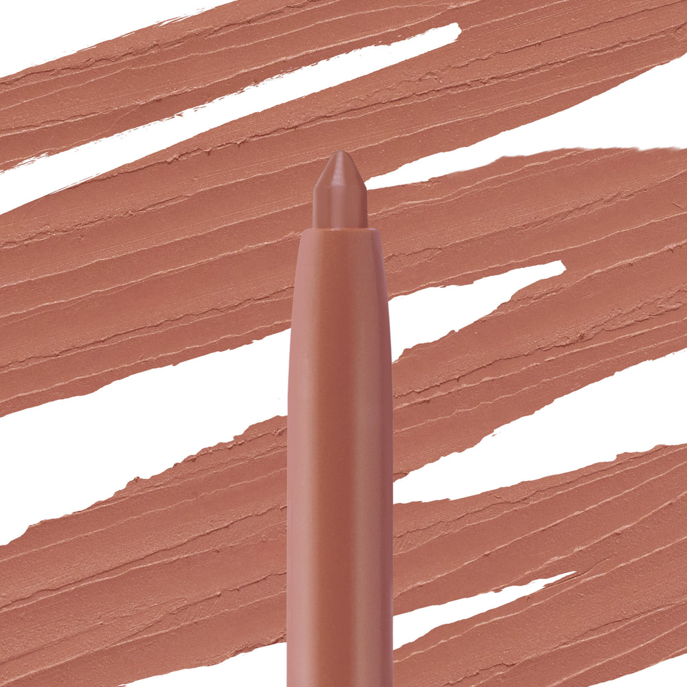 Tease lip liner crayon stands upright with its pointed tip exposed against sweeping creamy warm rosy‑nude swatches; ColourPop So Juicy Plumping Lip Liner with Peptides shows smooth, precise payoff for defining and filling lips.