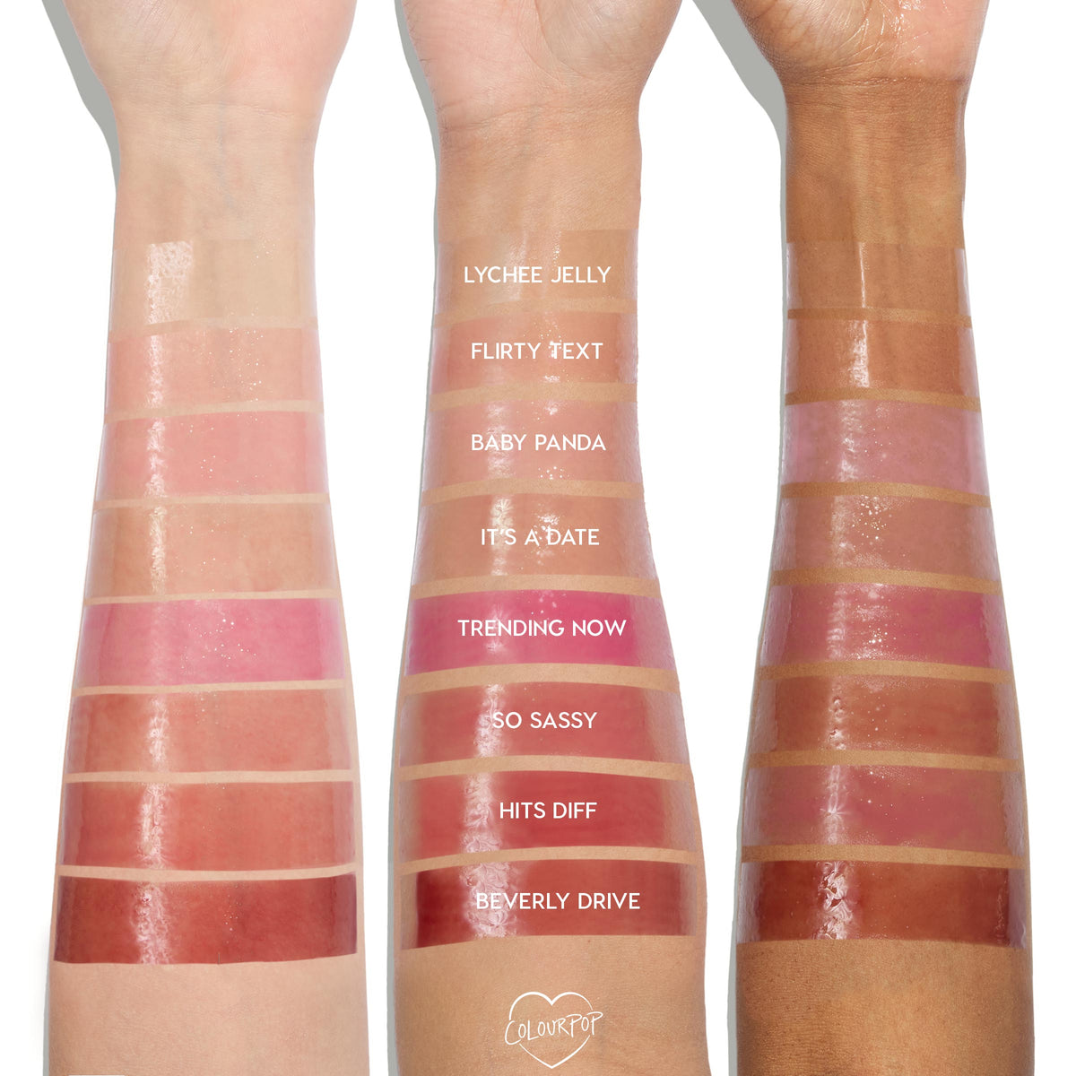 ColourPop So Juicy Lip Oil Set Juicy Moment swatches display glossy bands - Lychee Jelly, Flirty Text, Baby Panda, It’s a Date, Trending Now, So Sassy, Hits Diff, Beverly Drive - applied on three skin tones, studio lighting highlighting the high-shine finish.