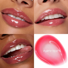 ColourPop So Juicy Plumping Glossy Lip Oil in Flirty Text coats lips with a sheer rosy pink, high-shine finish, shown in a four-panel close-up grid of lips at different angles alongside a glossy pink gel swatch labeled “FLIRTY TEXT.”