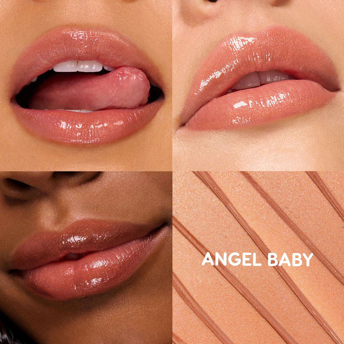 Angel Baby glossed lips showcase a warm peachy‑nude shine across three closeups, with a striped swatch labeled ANGEL BABY; ColourPop So Juicy Plumping Gloss Balm with Peptides plumps and hydrates for a fuller, juicy finish.