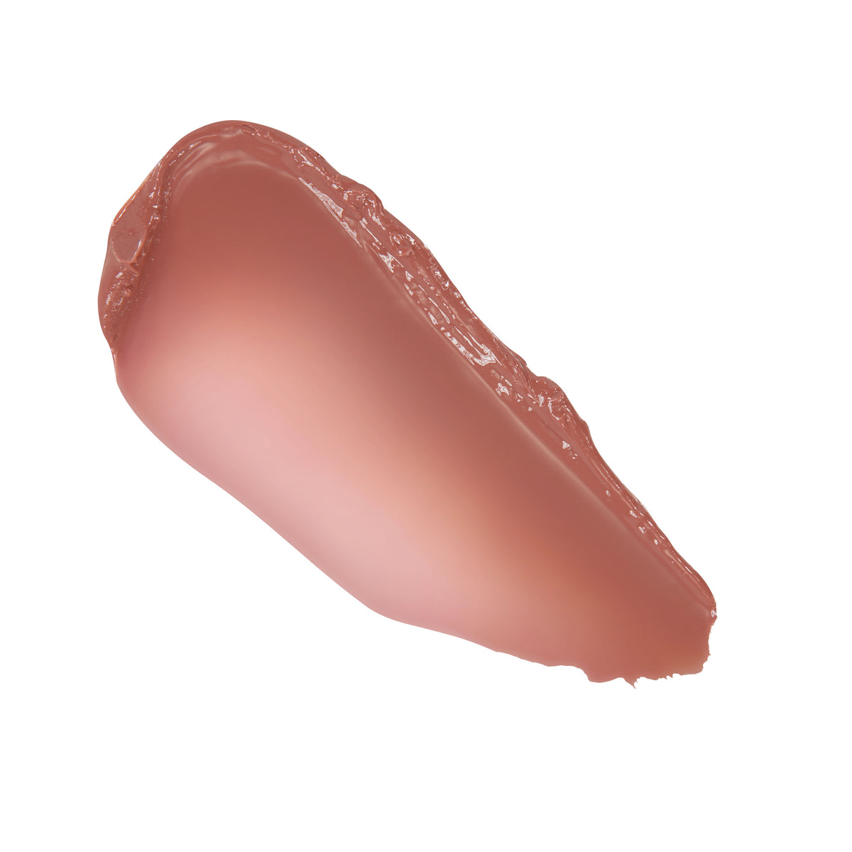 Doe swatch of ColourPop So Juicy Plumping Gloss Balm with Peptides, a warm rosy nude, shown as a curved swipe displaying glossy, semi-sheer payoff and smooth texture on a white background.