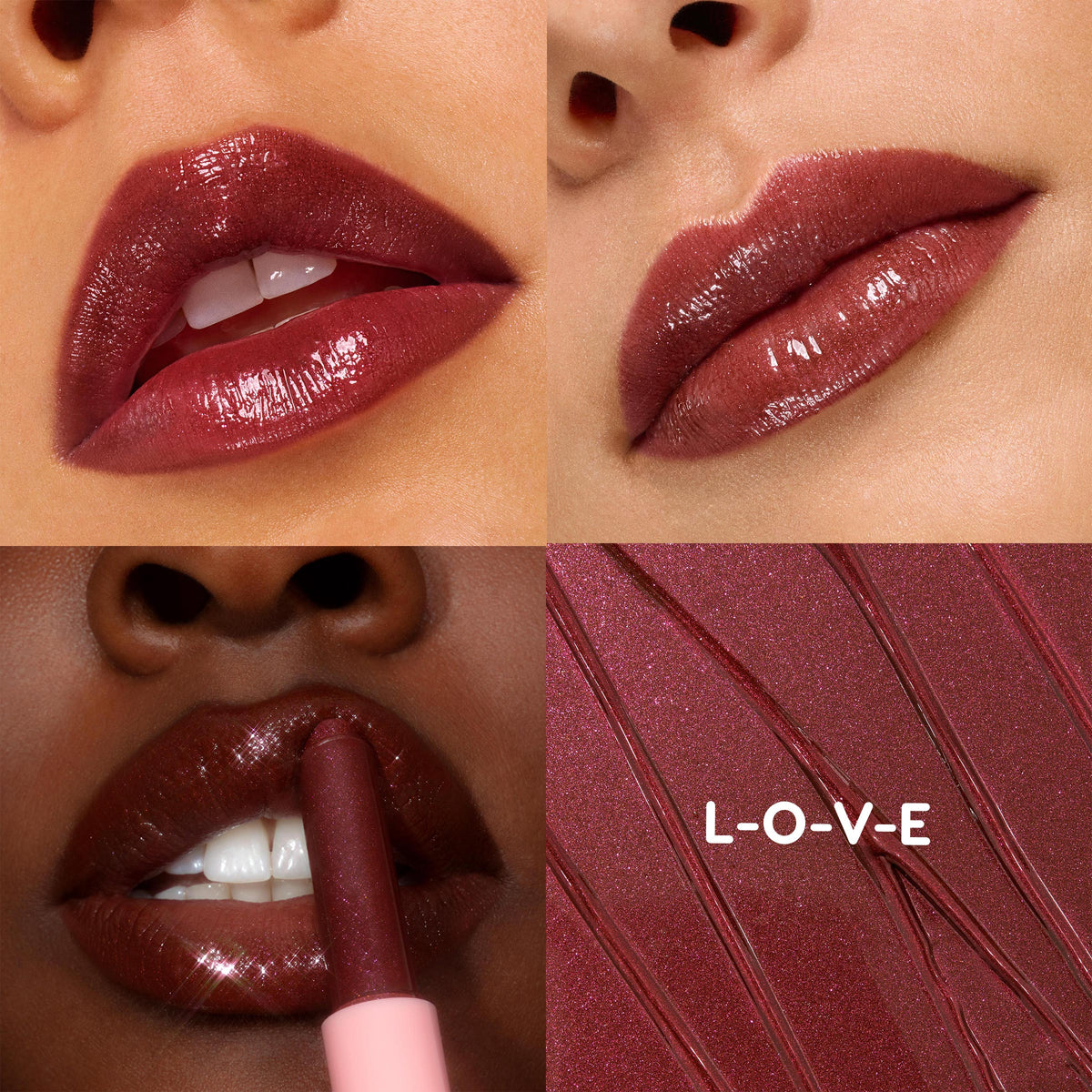 ColourPop So Juicy Plumping Gloss Balm with Peptides in L-O-V-E coats lips in a glossy berry‑plum finish, shown in a four‑panel grid with three model swatches - one applying the stick - and a matching textured smear spelling L‑O‑V‑E.